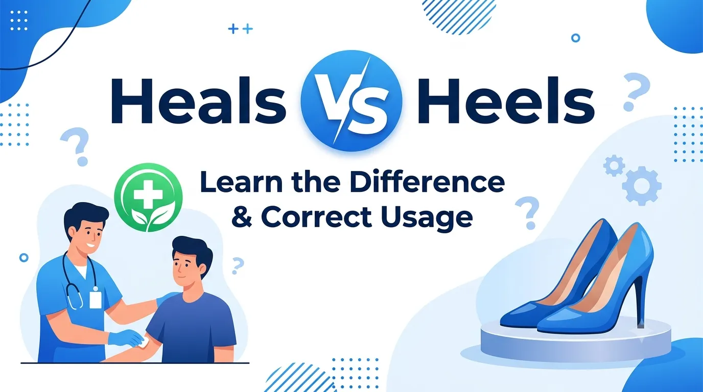 Illustration comparing heals and heels with examples showing their meanings and correct English usage.